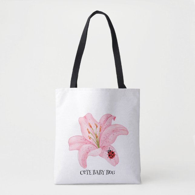 Red Ladybug Rosa Lily Blume individuelle Name Tasche (Vorderseite)