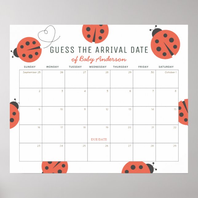 Red Ladybugs Guess The Due Date Calendar Poster (Vorne)