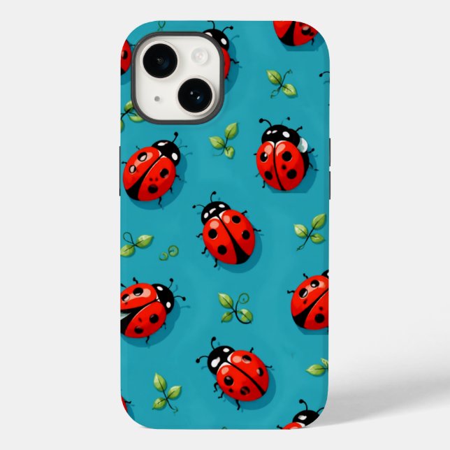 Red Ladybugs Lucky Pattern Sky Blue iPhone Case (Rückseite)
