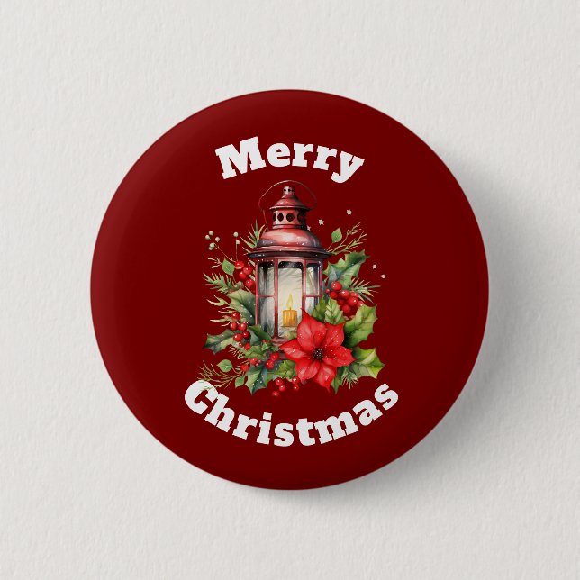Red Lantern Poinsettia und Pine Frohe Weihnachten Button (Vorderseite)