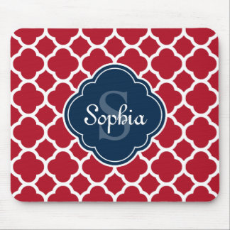 Red Lattice Pattern Navy Monogram Mousepad