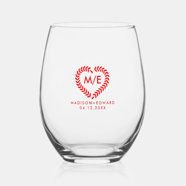 Red Laurel Heart Wreath Wedding Monogram Weinglas Ohne Stiel (Vorderseite)