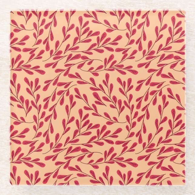  Red Leafy Branches Seamless Pattern Glasuntersetzer (Vorderseite)