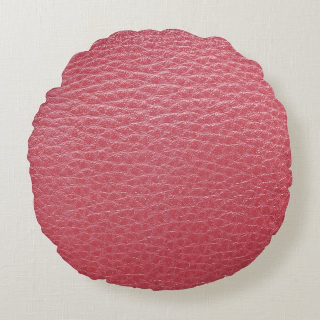 Red Leather Look Print Round Kissen (Vorderseite)