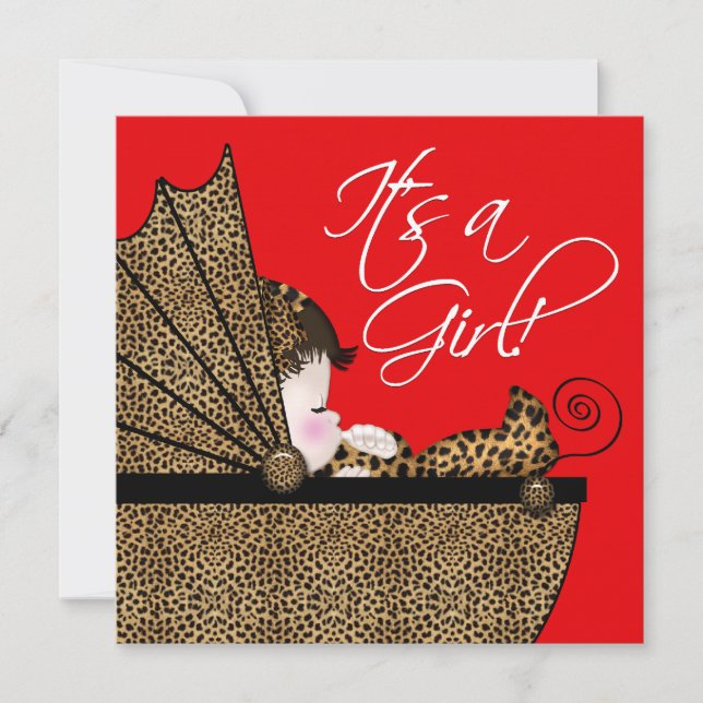 Red Leopard Baby Girl Dusche Einladung (Vorderseite)
