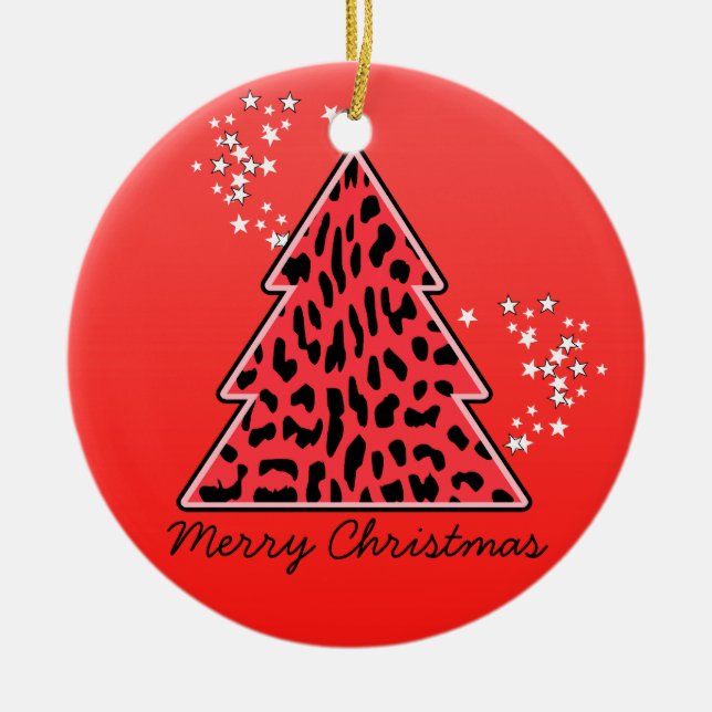 Red Leopard Cheetah Weihnachtsbaum Keramikornament (Vorne)