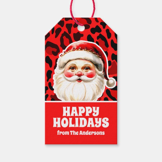 Red Leopard Print Retro Santa Claus Weihnachten Geschenkanhänger (Vorderseite)