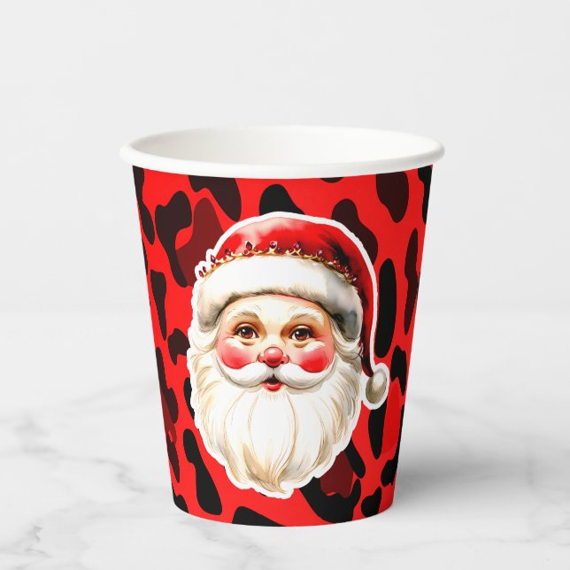 Red Leopard Print Retro Santa Claus Weihnachten Pappbecher (Vorderseite)