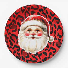 Red Leopard Print Retro Santa Claus Weihnachten Pappteller
