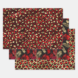 Red Leopard Print with Gold Tropical Leaves Geschenkpapier Set