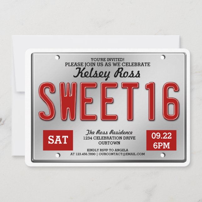 Red Licence Plate Sweet 16 Party Einladungen (Vorderseite)