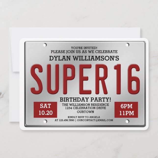 Red License Plate Super 16 Party Einladungen (Vorderseite)