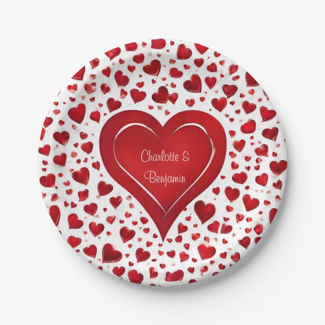 Red Liebe Herzmuster Valentine Name Party Pappteller (Vorderseite)