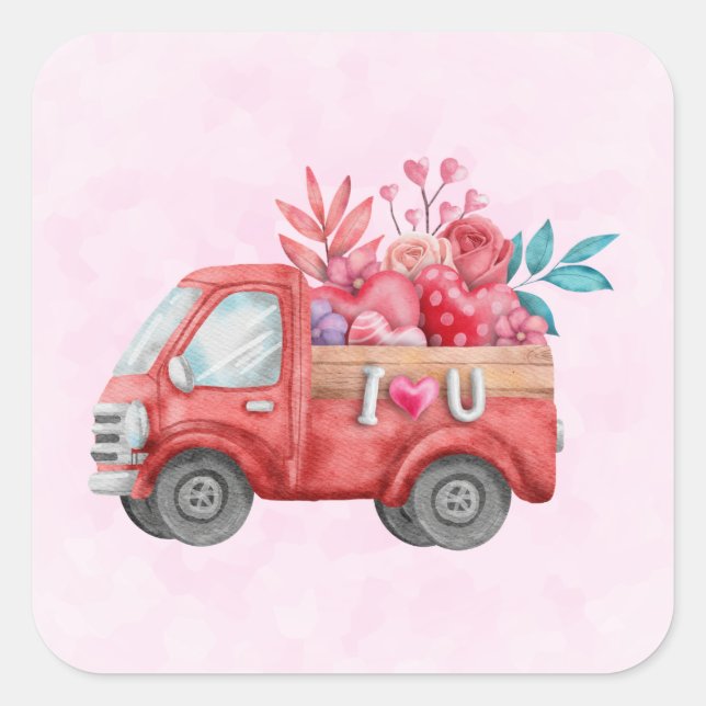 Red Liebe LKW mit Herzkargo Wasserfarbe Quadratischer Aufkleber (Vorderseite)