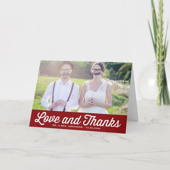 Red Liebe und Dank Retro Foto Hochzeit Dankeskarte (Vorderseite)