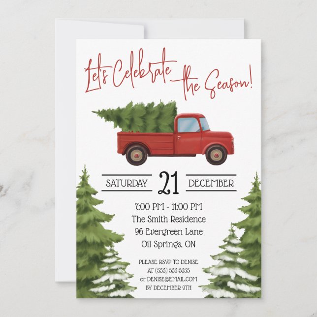 Red Lieferwagen Truck mit Weihnachtsbaumurlaub Einladung (Vorderseite)