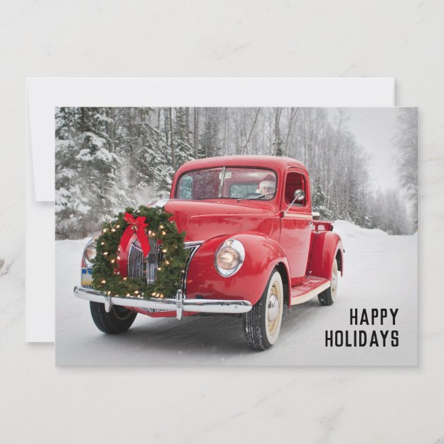 Red Lieferwagen Truck mit Weihnachtskranz Feiertagskarte (Vorderseite)