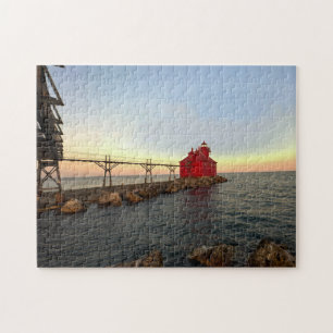 Red Lighthouse Stormy Seas Jigsaw