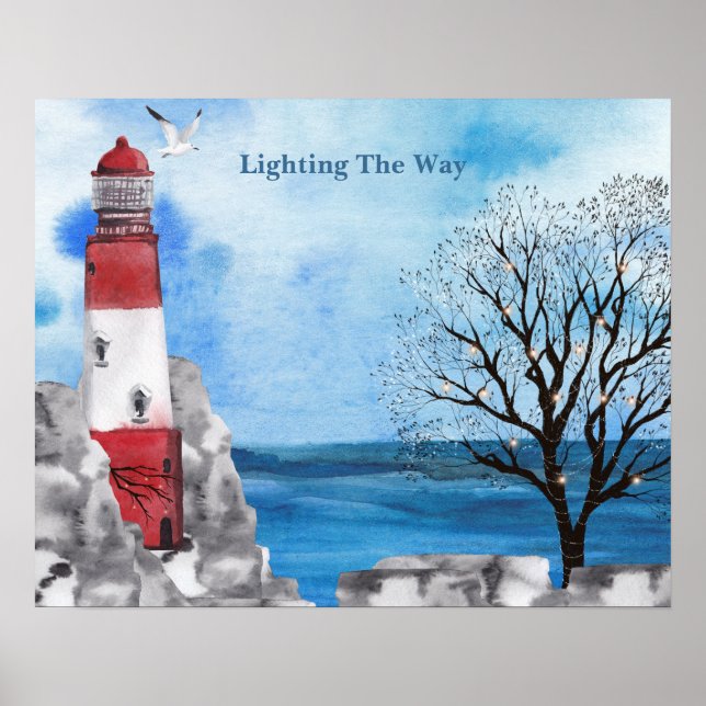 Red Lighthouse Watercolor Scene Poster (Vorne)