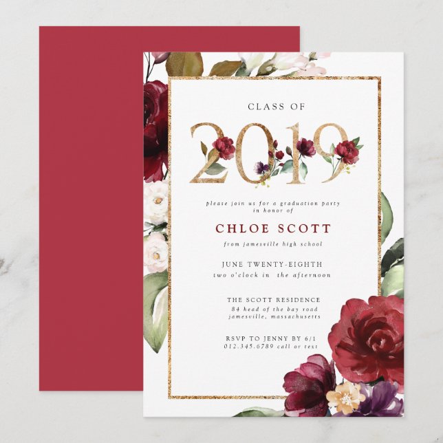 Red Lila Gold Floral 2019 Graduation Party Einladung (Vorne/Hinten)