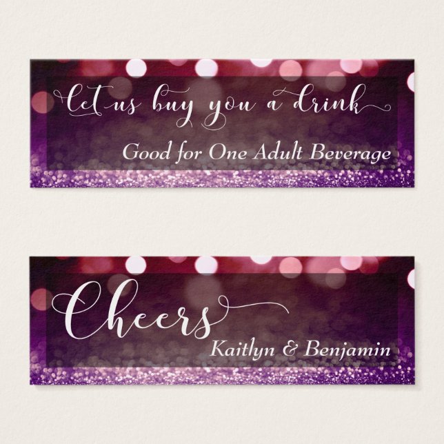 Red Lila Ombre Bokeh Script Mini Drink Ticket (Vorne & Hinten)