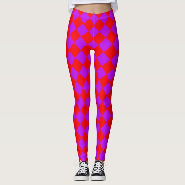 Red Lila Schachbrett Diamond Pattern Leggings (Vorderseite)