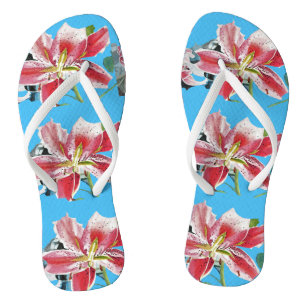 Red Lily Blue Floral Blume Ladys Thongs Flip Flops
