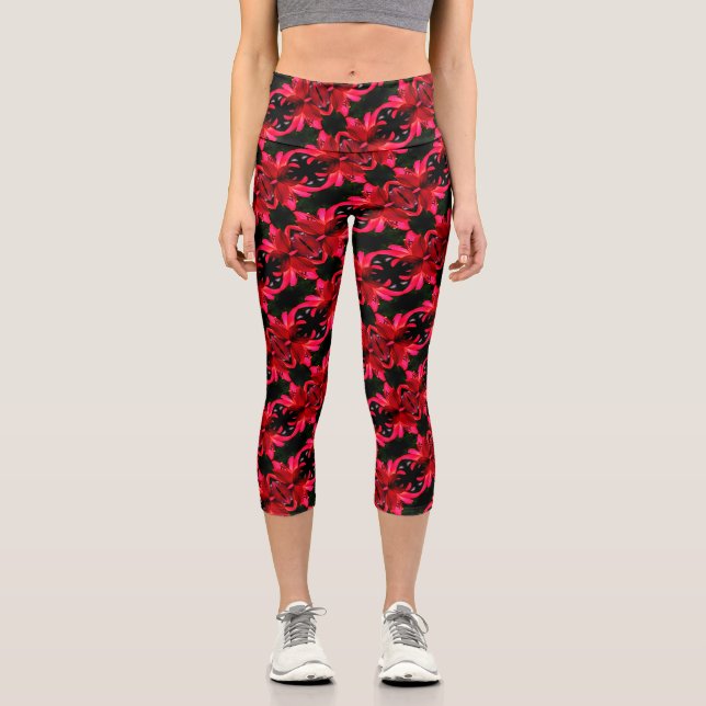 Red Lily Floral Abstrakt Art Muster Capri Leggings (Vorderseite)