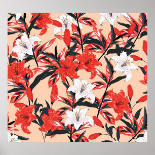 Red Lily: Vintages botanisches Muster. Poster