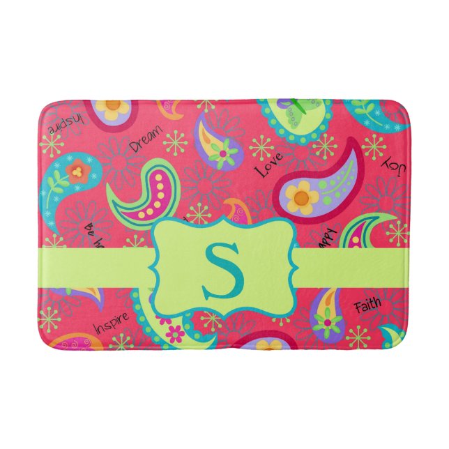 Red Lime Green Monogram Modern Paisley Pattern Badematte (Vorderseite)