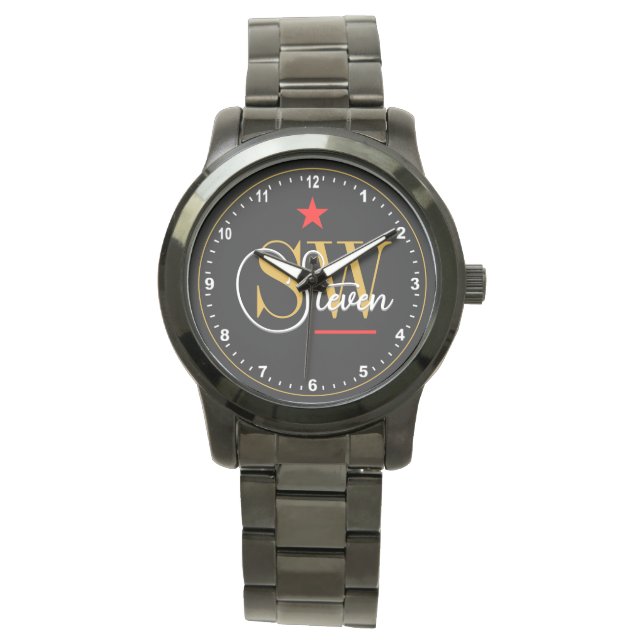 Red Line - Mit Monogramm Name, schwarz und Beschri Armbanduhr (Vorderseite)