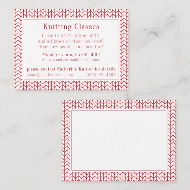 RED LINE STRICK "Knitting Classes" Visitenkarte Mitteilungskarte (Vorne/Hinten)