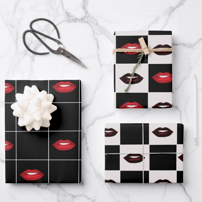 Red Lips Black Checkerboard und Raster Retro Vibes Geschenkpapier Set (Vorderseite)