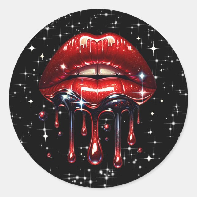 Red Lips Driving Glitzer Glam Imitate Sparkle Runder Aufkleber (Vorderseite)