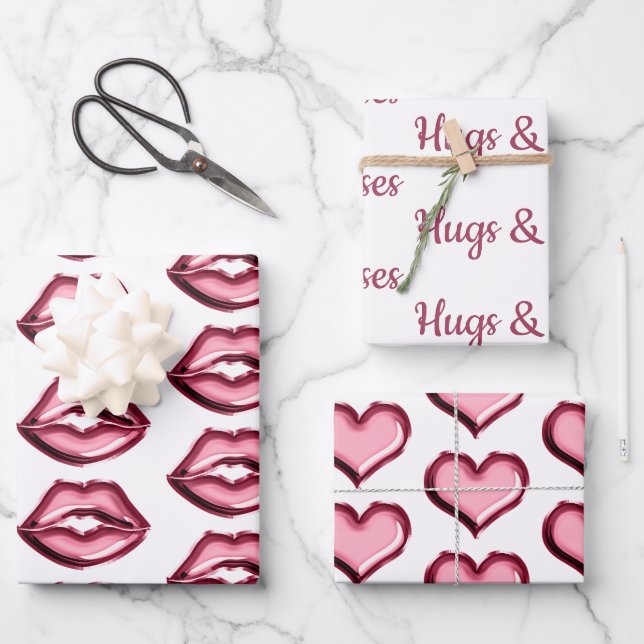 Red Lips Kiss Hearts Geschenkpapier Set (Vorderseite)