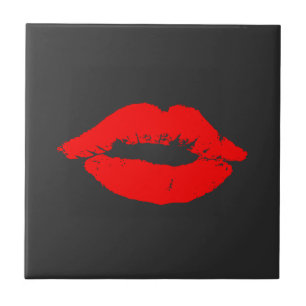 Red Lips Kisses Kiss Black Fliese