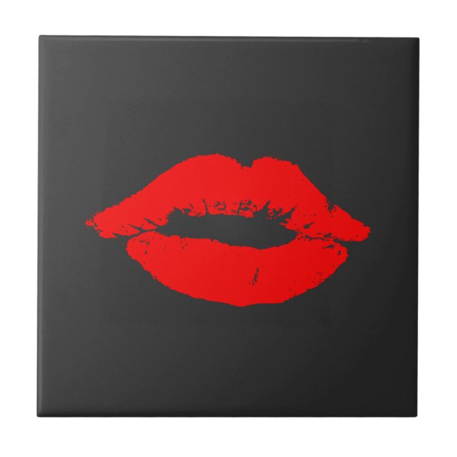 Red Lips Kisses Kiss Black Fliese (Vorderseite)