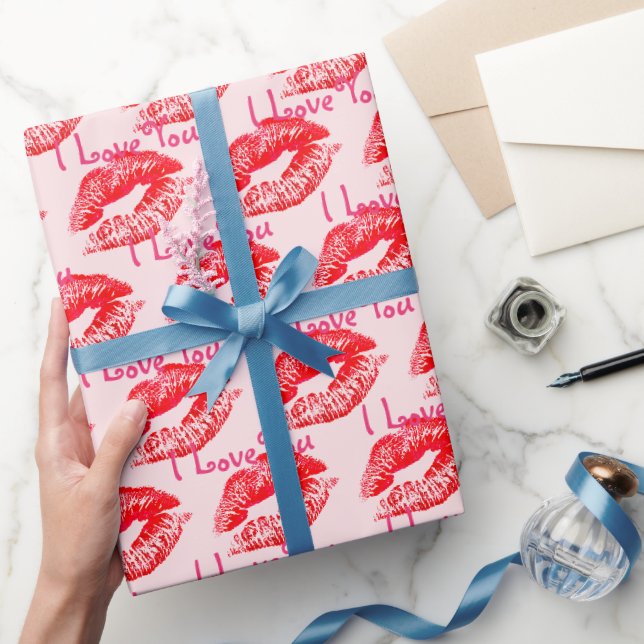 Red Lipstick Kisses I Liebe You Geschenkpapier (Schenken)