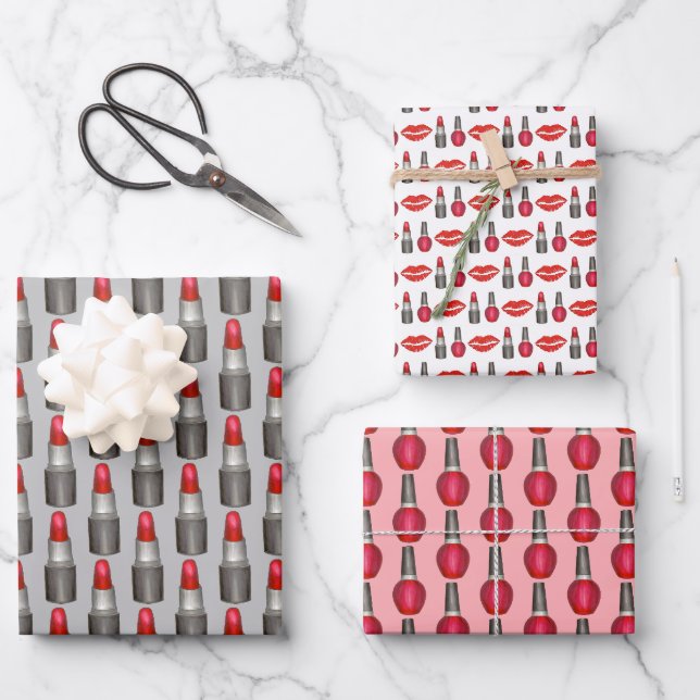 Red Lipstick Nail Polnisch Makeup Artist Kosmetik Geschenkpapier Set (Vorderseite)