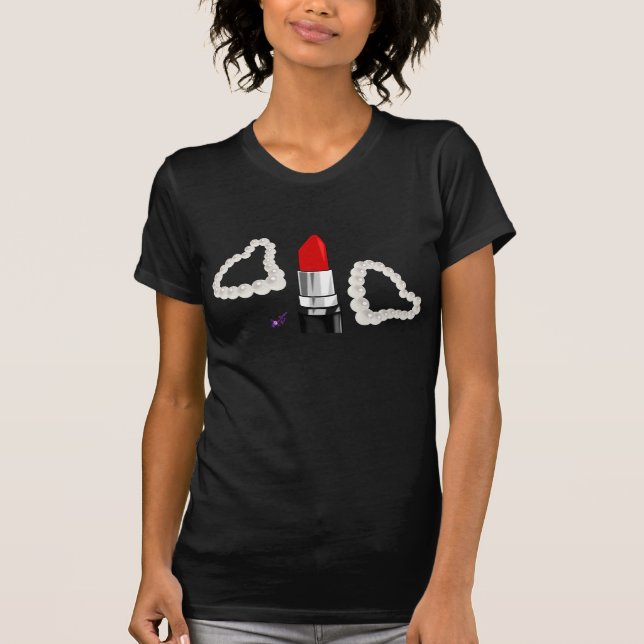 Red Lipstick & Pearls Black Fine Jersey T-shirt (Devant)