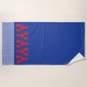 Red Lobster Blue White Gingham Coastal Beach Fun Strandtuch