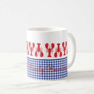 Red Lobster Blue White Gingham Coastal Custom Text Kaffeetasse