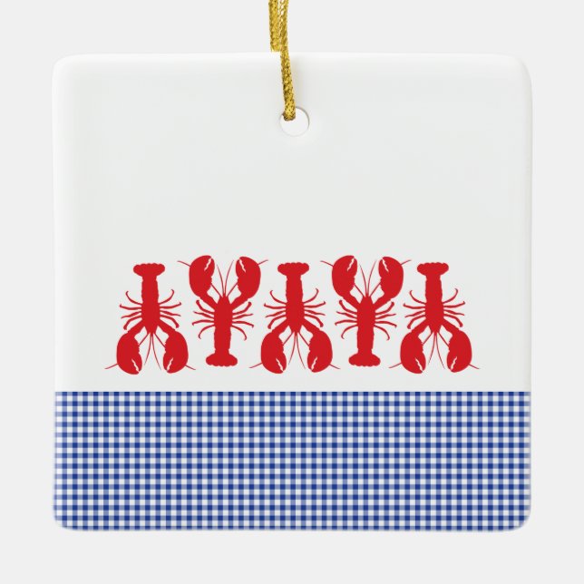 Red Lobster Blue White Gingham Family Wiedersehen  Keramikornament (Vorderseite)