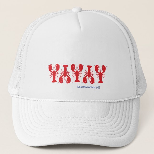 Red Lobsters White Custom Blue Location Text Truckerkappe (Vorderseite)