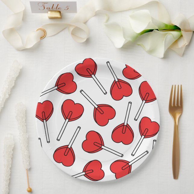 Red Lollipops, Heart Lollipops, Lollipop Pattern Pappteller (Hochzeit)