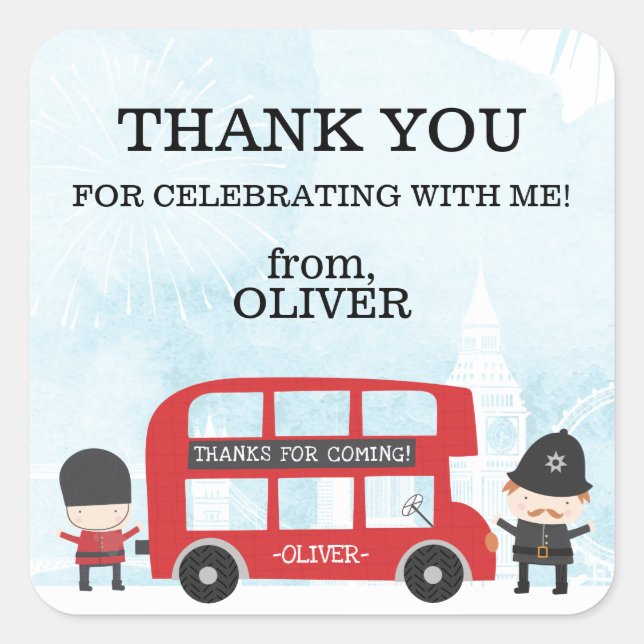 Red London Bus Kids Bday Party Vielen Dank Quadratischer Aufkleber (Vorderseite)