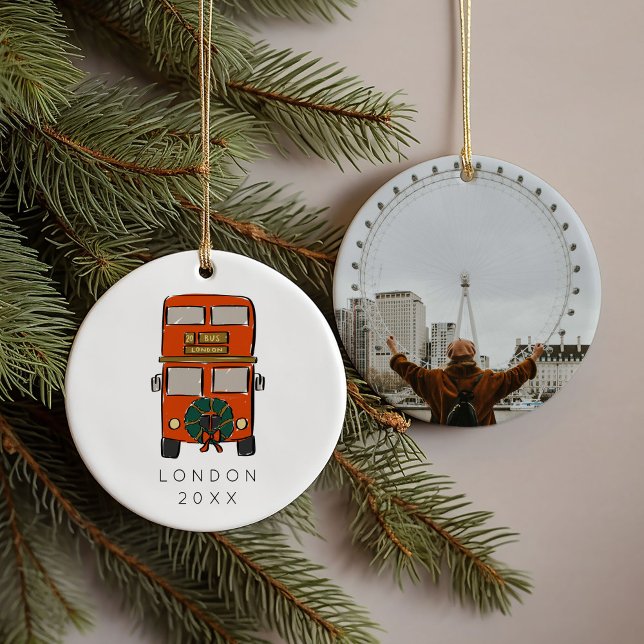 Red London Double Decker Bus Weihnachts-Foto Keramik Ornament (Red London Double Decker Bus Christmas Photo Ceramic Ornament)