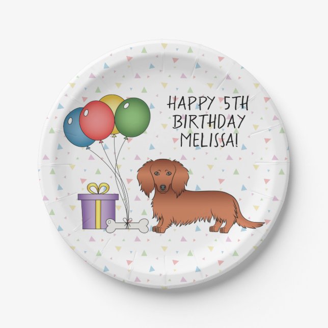 Red Long Hair Dackel Cartoon Hund Happy Birthday Pappteller (Vorderseite)