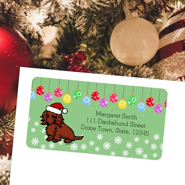 Red Long Hair Dackel Christmas Niedlich Adressaufkleber (Red Long Haired Dachshund Cute Christmas Return Address Labels for Dachshund Owners.  Cute Cartoon.)