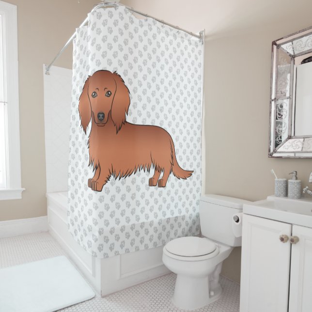 Red Long Hair Dackel Niedlich Cartoon Dog & Paws Duschvorhang (Beispiel)